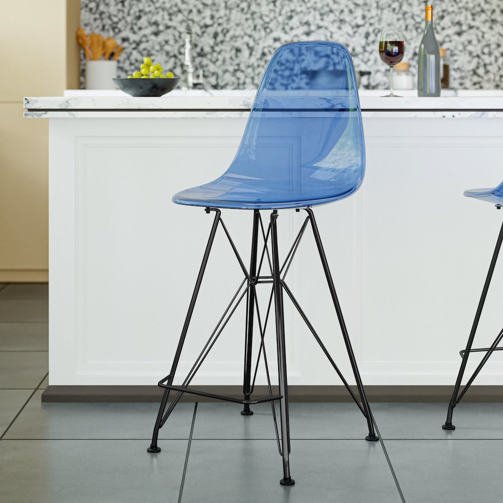 Modern Acrylic Bar stool Cresco Collection Black Base with Trans Blue seat. Picture 20