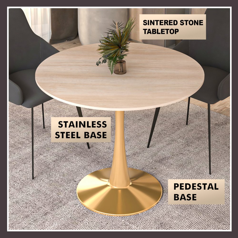 Bristol 31" Round Dining Table Gold Base with Sintered Stone Natural Wood Top. Picture 9