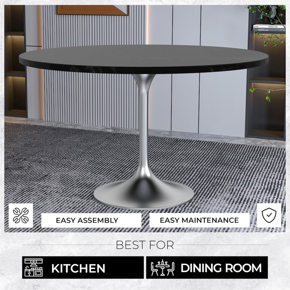 Verve Collection 48" Round Dining Table, Brushed Chrome Base with Black MDF Top. Picture 3