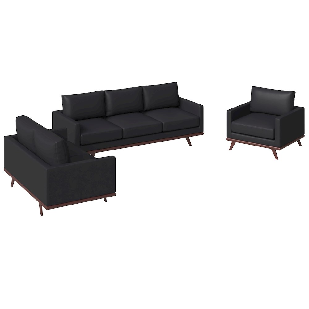 Chester 3-Piece Leather Living Room Sofa Set with Birch Wood Base Black. Picture 1