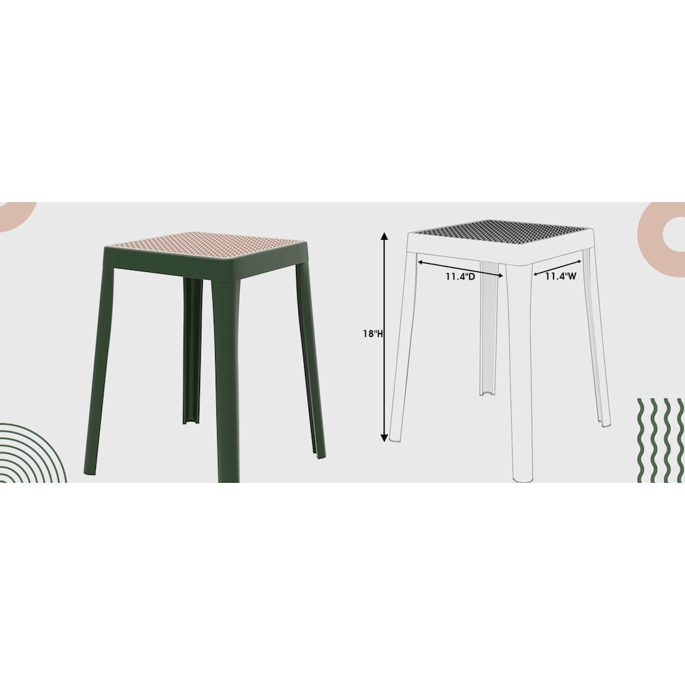Tresse Series Stackable Poly Stool With Wicker Top 12 in Green. Picture 14