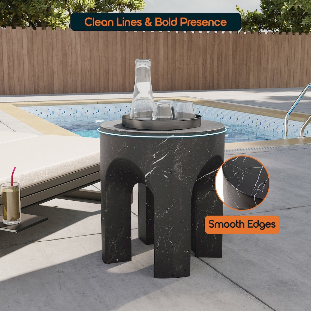 Crus Collection Fiberglass Outdoor Side Table Marbleized Black. Picture 6