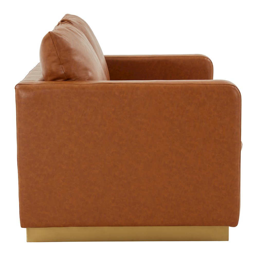 Nervo Modern Mid-Century Upholstered Leather Loveseat with Gold Frame. Picture 6