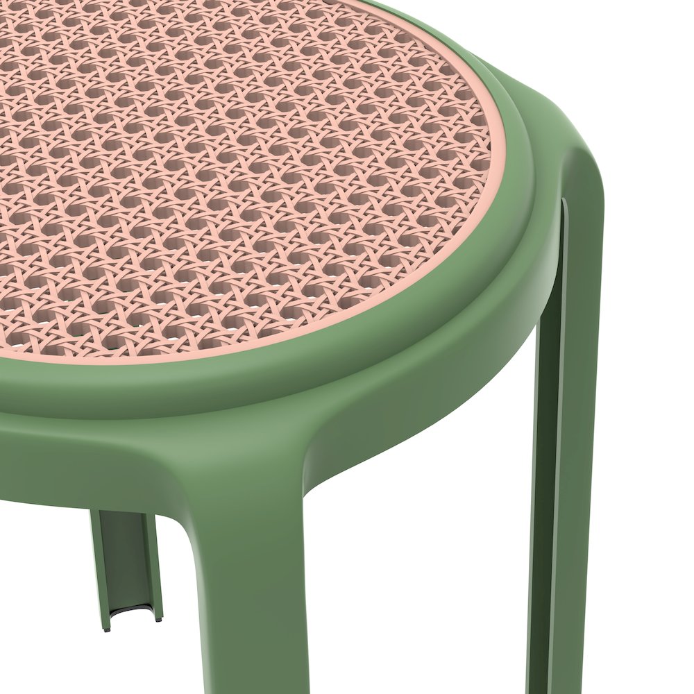 Tresse Series Stackable Round Poly Stool With Wicker Top 13 in Green. Picture 10