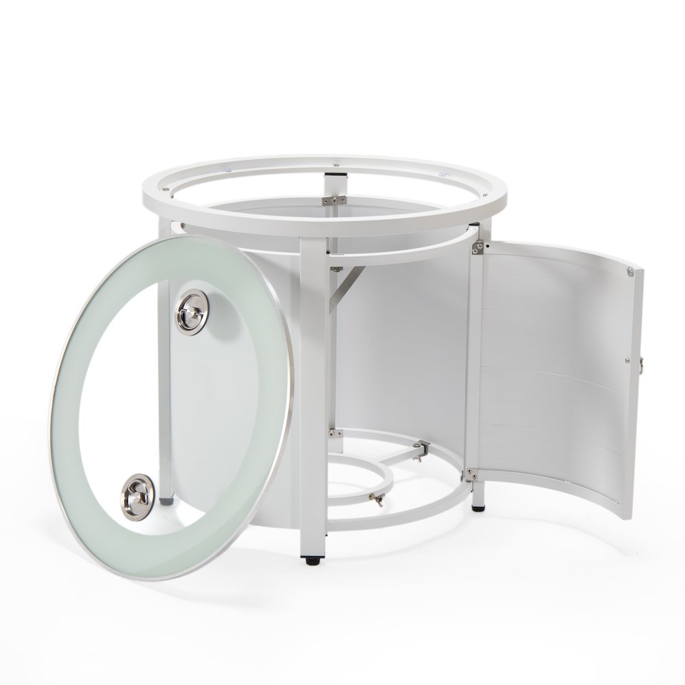 Walbrooke Patio Round Fire Pit and Tank Holder with Slats Design in White. Picture 17