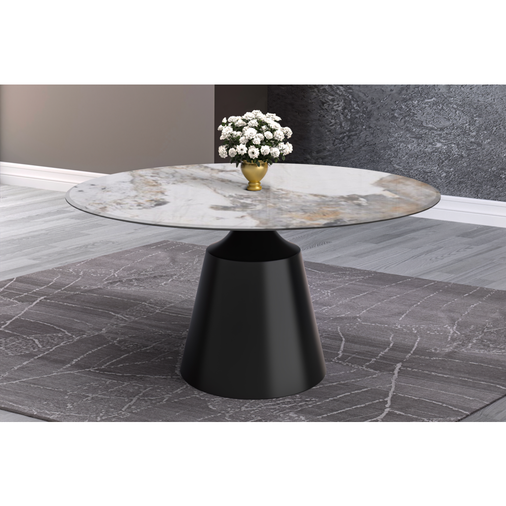 Round Dining Table Black Base with 60 Round Medium Grey Sintered Stone Top. Picture 5