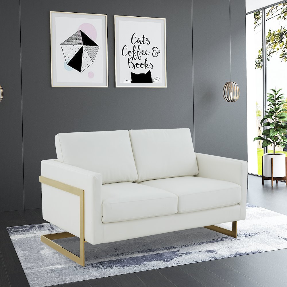 Lincoln Modern Mid-Century Upholstered Leather Loveseat with Gold Frame. Picture 4