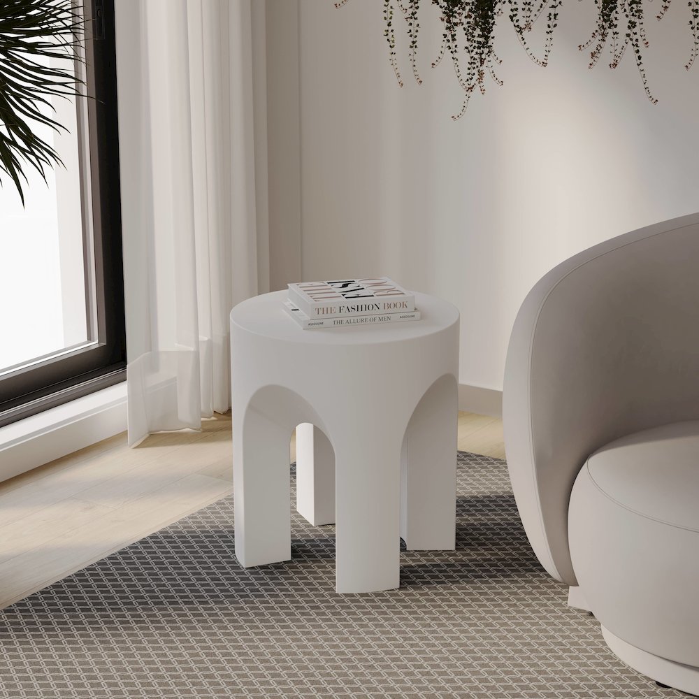 Crus Collection Fiberglass Outdoor Side Table in White. Picture 3