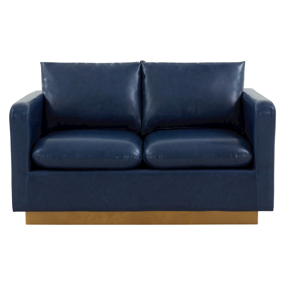 Nervo Modern Mid-Century Upholstered Leather Loveseat with Gold Frame. Picture 4