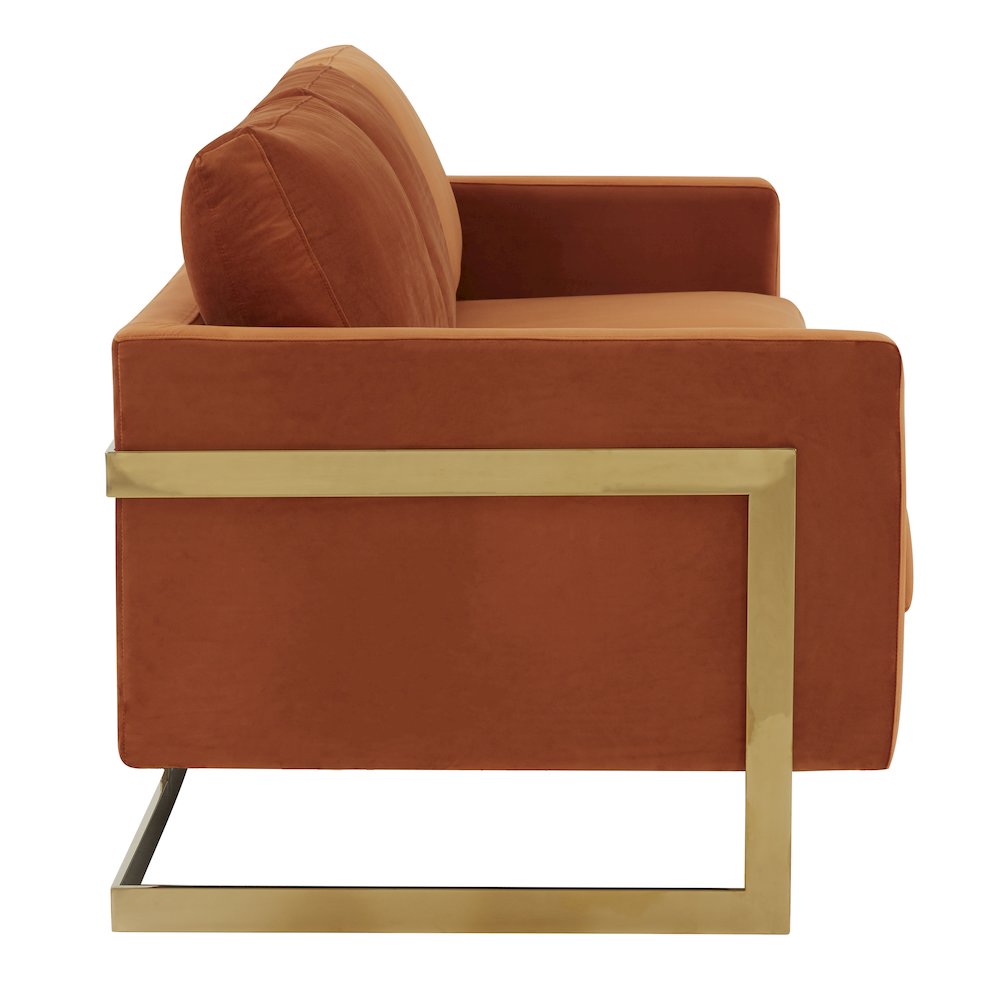 Lincoln Modern Mid-Century Upholstered Velvet Sofa with Gold Frame. Picture 7