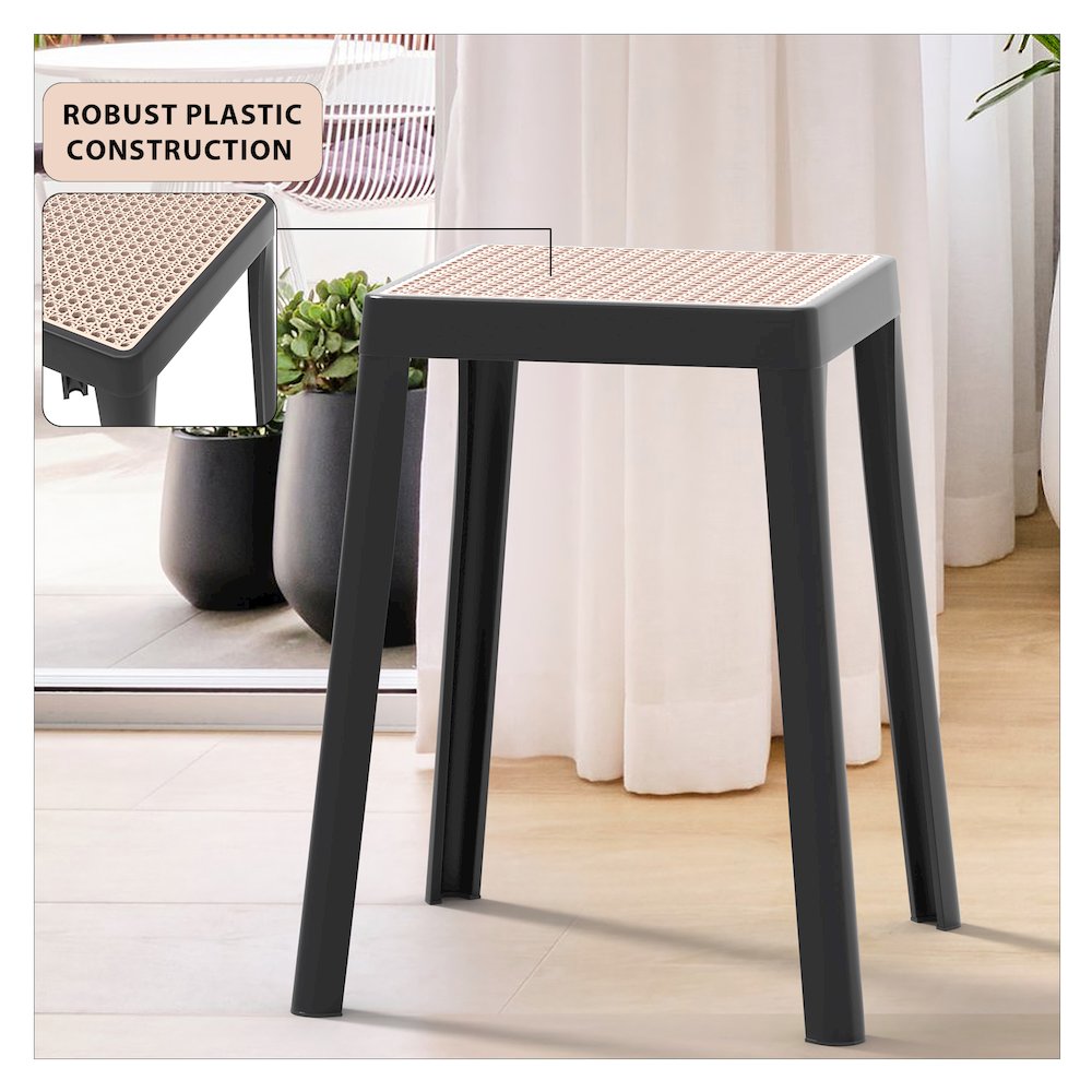 Tresse Series Stackable Poly Stool With Wicker Top 12 in Black. Picture 8