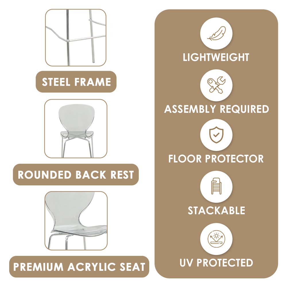 Oyster Acrylic Barstool with Steel Frame in Chrome Finish in Smoke. Picture 14