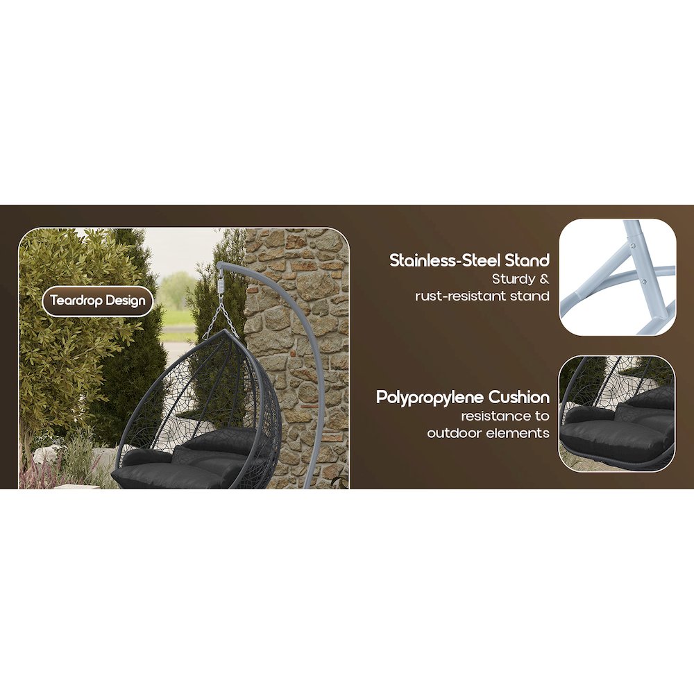 Recluse Collection Modern Outdoor Swing Chair Grey Frame with ES57 Black Cushion. Picture 16