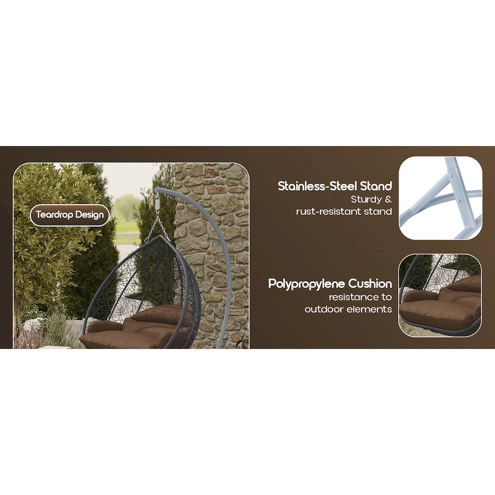 Recluse Collection Modern Outdoor Swing Chair Grey Frame with ES57 Brown Cushion. Picture 16
