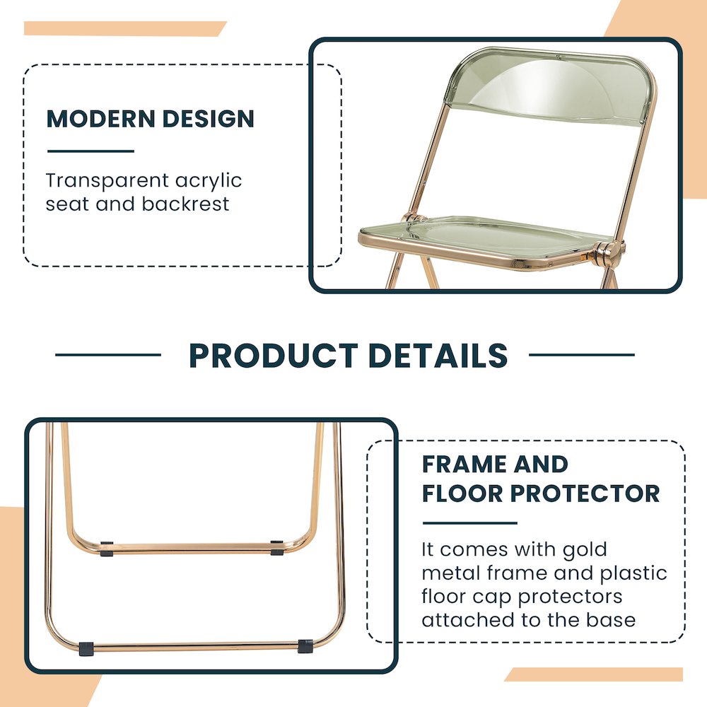 Lawrence Acrylic Folding Chair With Gold Metal Frame, Set of 2. Picture 5