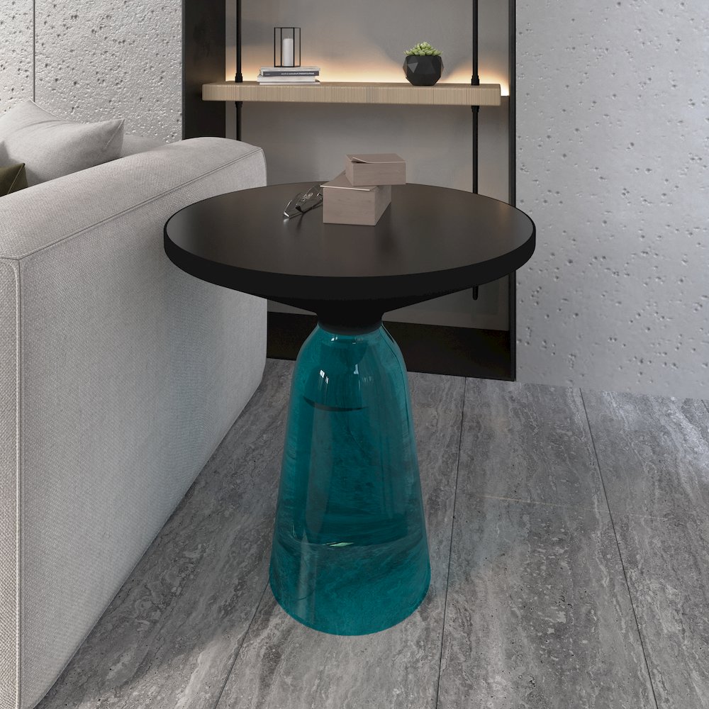 Tully Collection Glass side Table Blue glass, Black Rim with Black Glass top. Picture 9