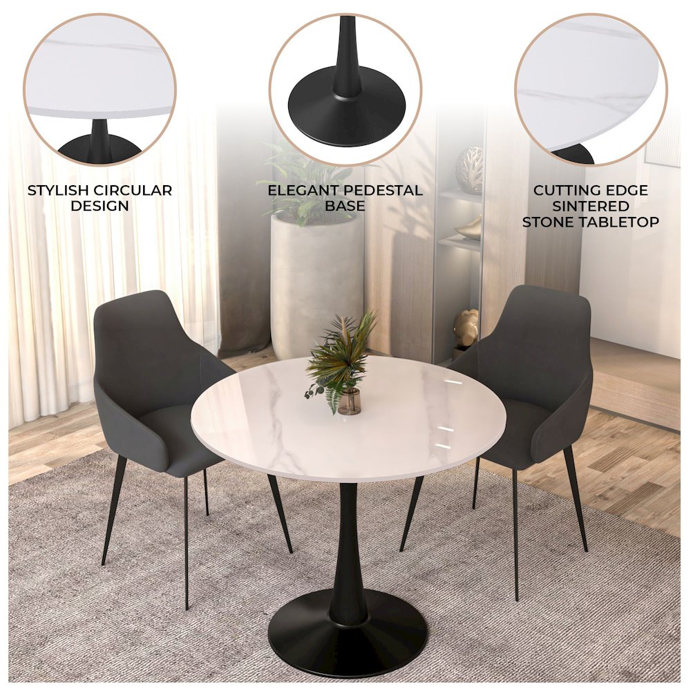 Bristol 31" round dining table Black base with White Sintered stone Top. Picture 7