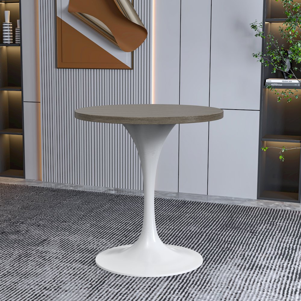 Verve Collection 27 Round Dining Table, White Base with Dark Maple MDF Top. Picture 9