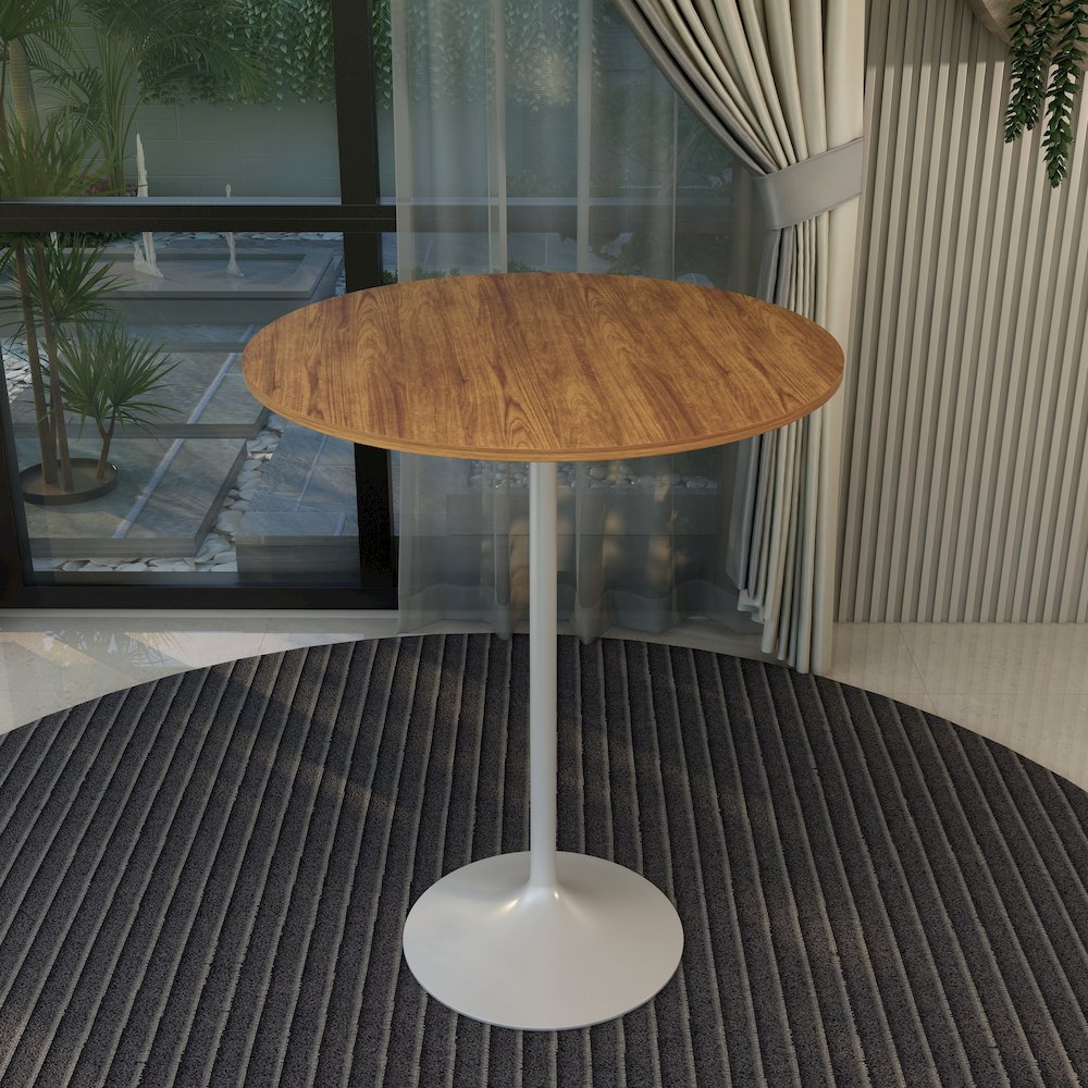 Bar Height Table White Base with 36" Round Cognac Brown MDF Top. Picture 23