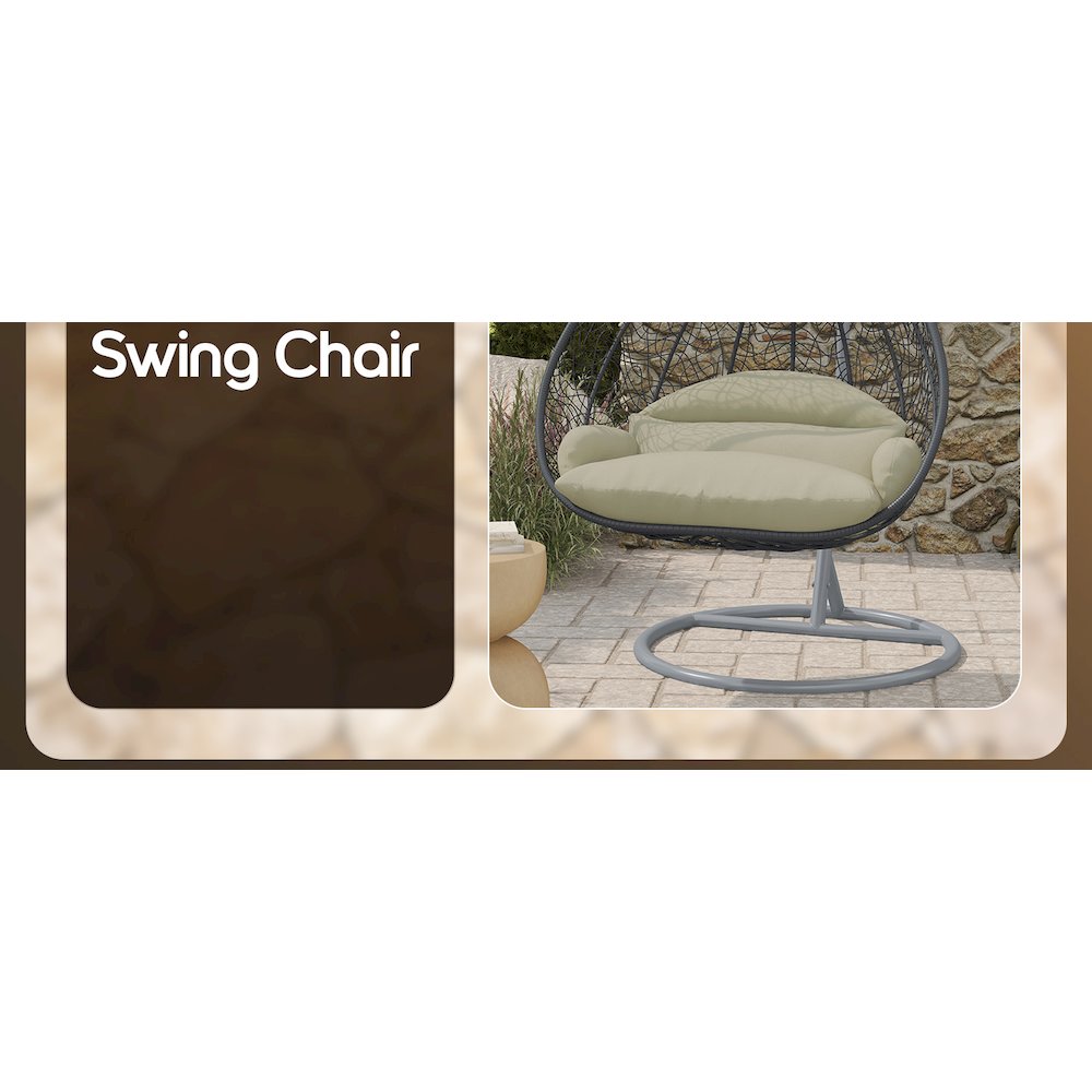 Recluse Collection Modern Outdoor Swing Chair Grey Frame with ES57 Taupe Cushion. Picture 15