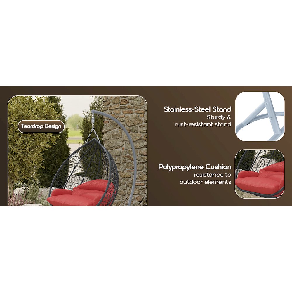 Recluse Collection Modern Outdoor Swing Chair Grey Frame with ES57 Red Cushion. Picture 16