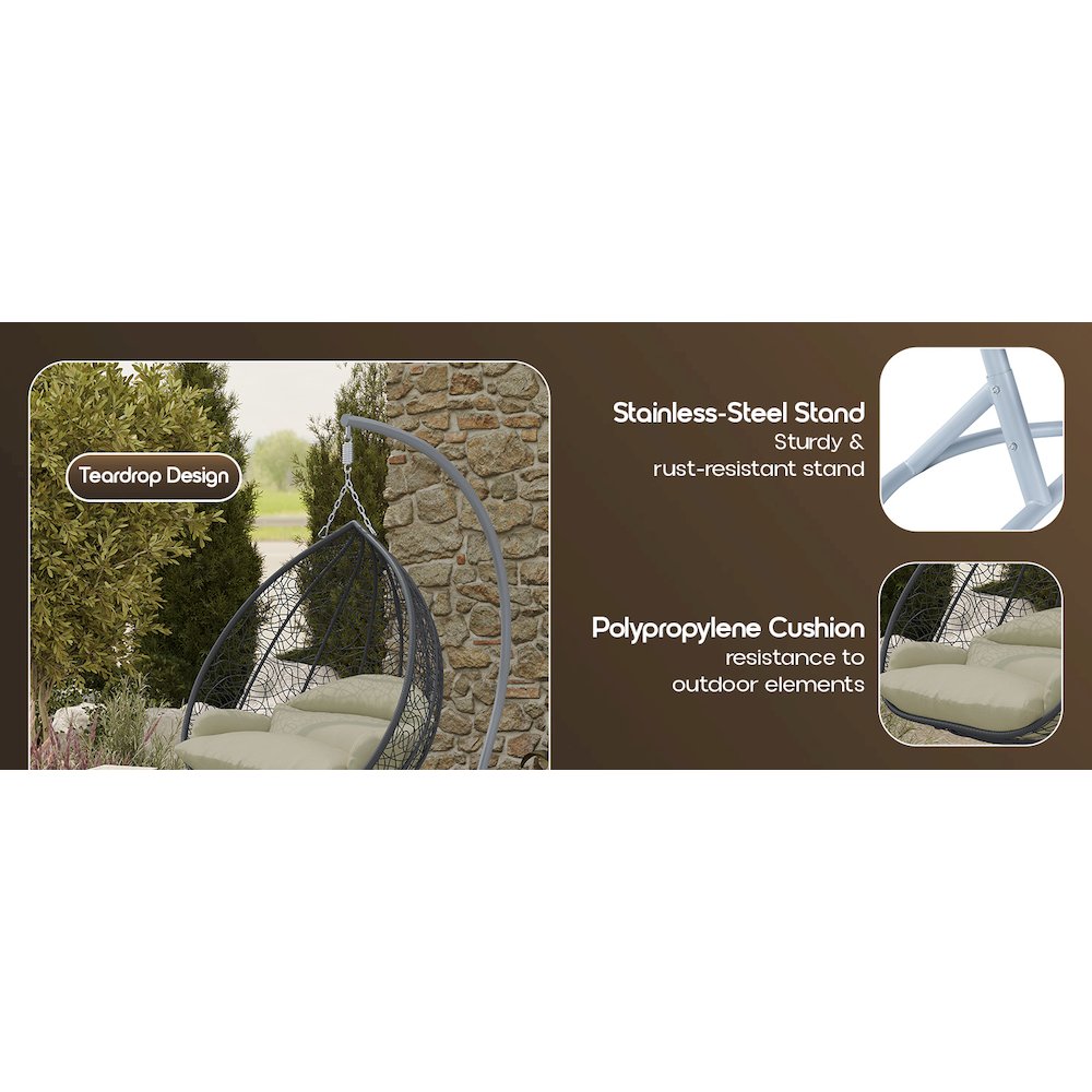 Recluse Collection Modern Outdoor Swing Chair Grey Frame with ES57 Taupe Cushion. Picture 16