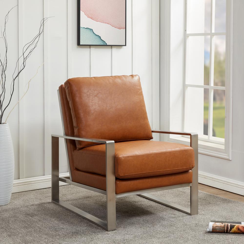 LeisureMod Jefferson Leather Modern Design Accent Armchair With Elegant Silver Frame, Cognac Tan. Picture 6