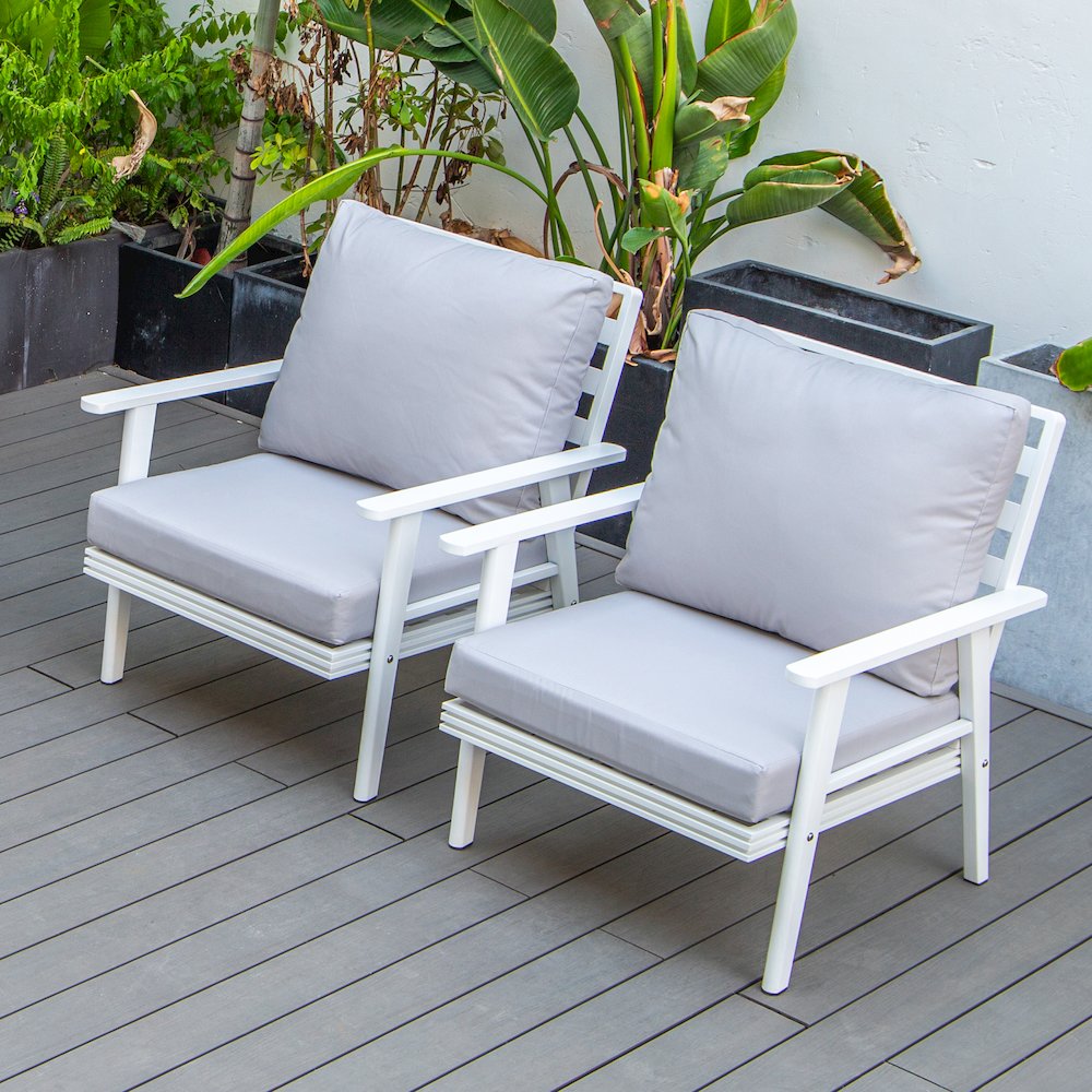 Walbrooke Outdoor Patio White Aluminum Armchairs With Cushions in Light Grey. Picture 2