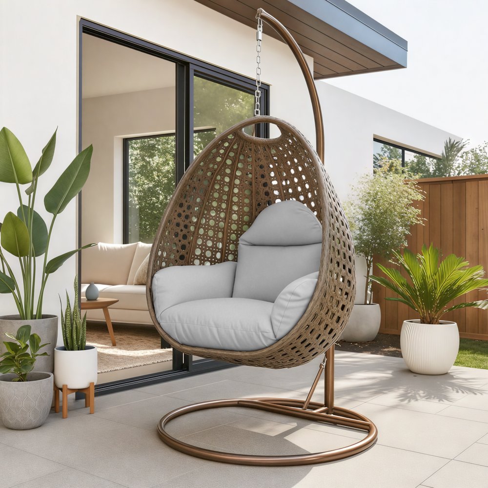 Beige Wicker Hanging Egg Swing Chair. Picture 1