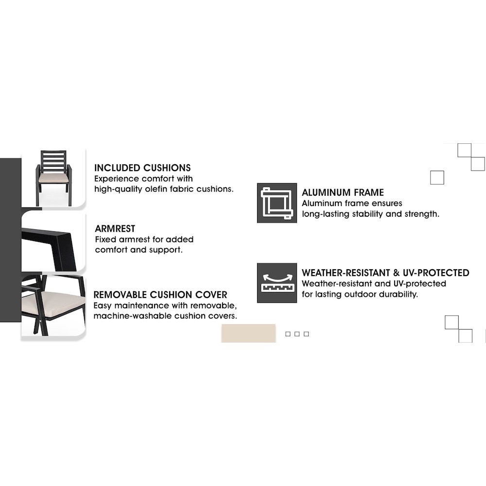 Chelsea Modern Patio Dining Armchair in Aluminum with Removable Cushions. Picture 6