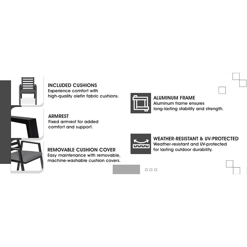 Chelsea Modern Patio Dining Armchair in Aluminum with Removable Cushions. Picture 6