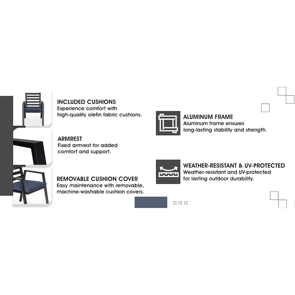 Chelsea Modern Patio Dining Armchair in Aluminum with Removable Cushions. Picture 5