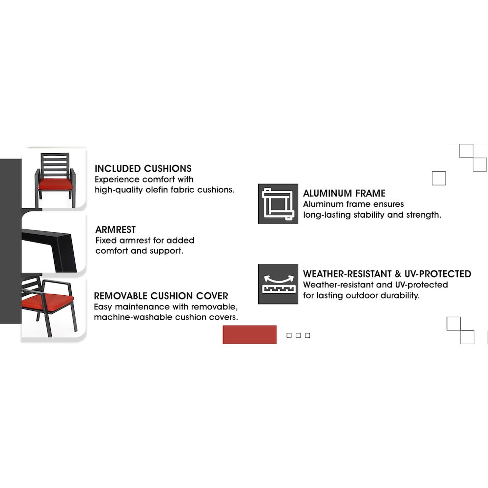 Chelsea Modern Patio Dining Armchair in Aluminum with Removable Cushions. Picture 6