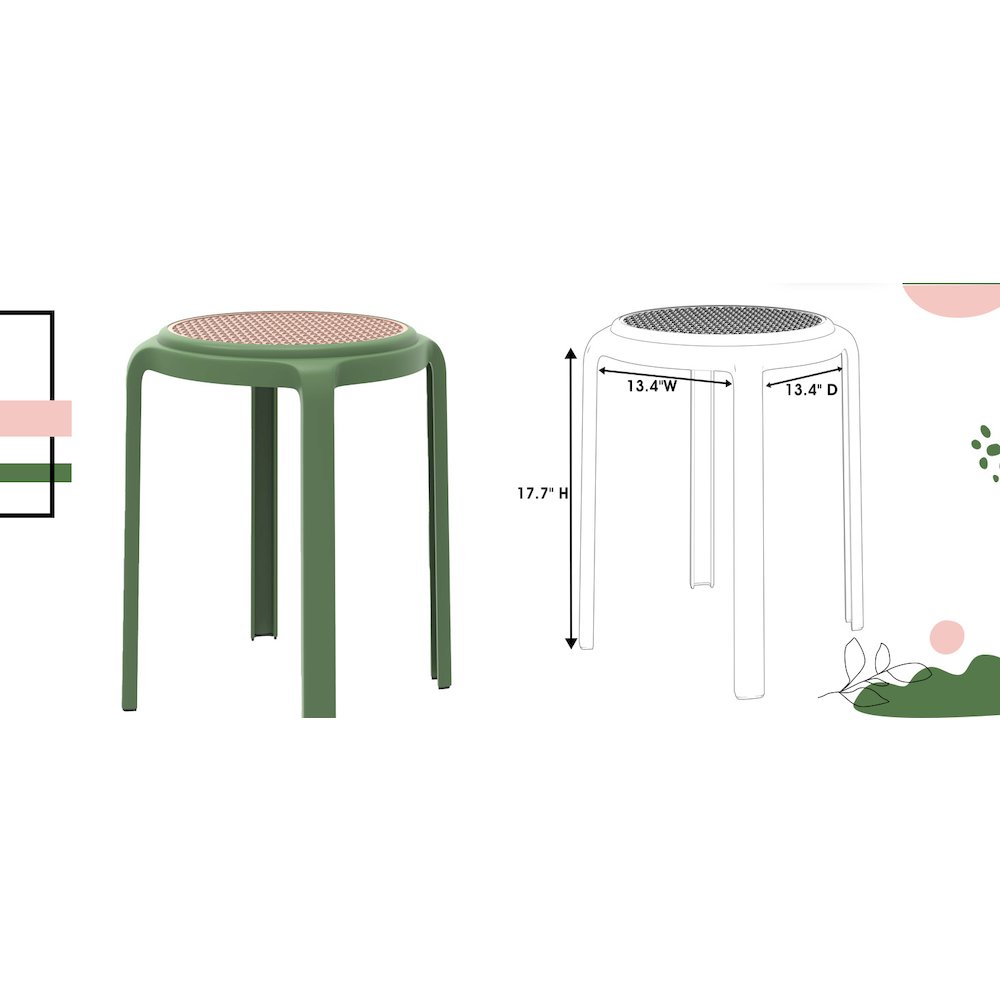 Tresse Series Stackable Round Poly Stool With Wicker Top 13 in Green. Picture 14