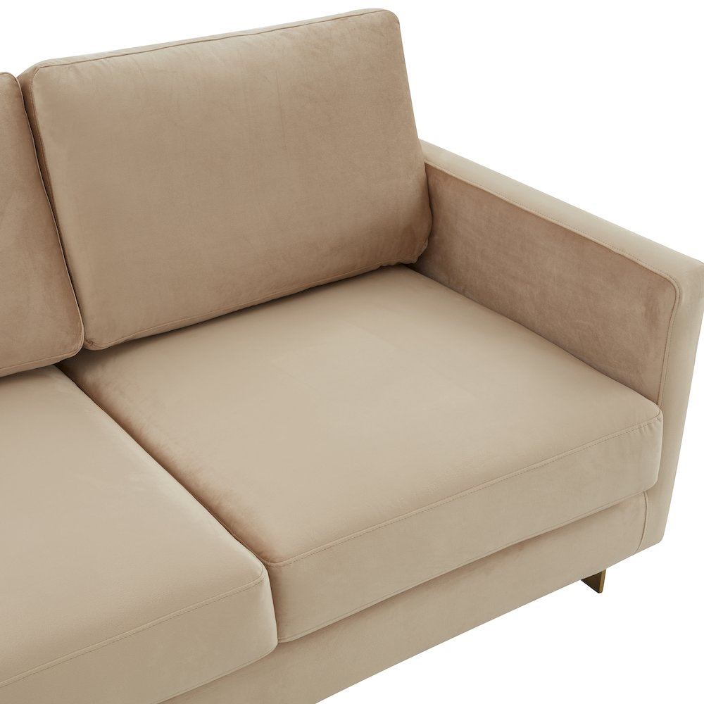 Lincoln Modern Mid-Century Upholstered Velvet Sofa with Gold Frame. Picture 6