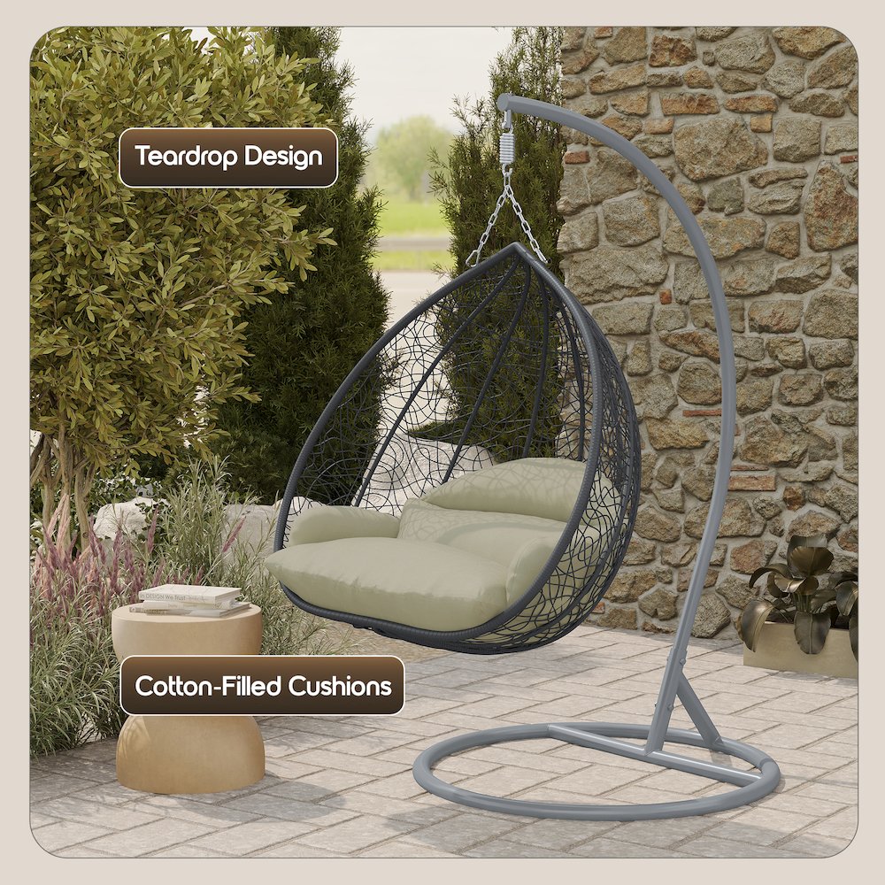 Recluse Collection Modern Outdoor Swing Chair Grey Frame with ES57 Taupe Cushion. Picture 7
