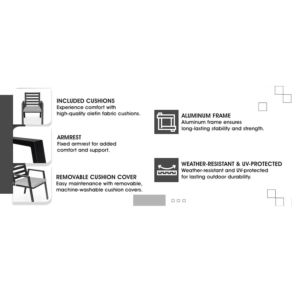 Chelsea Modern Patio Dining Armchair in Aluminum with Removable Cushions. Picture 6