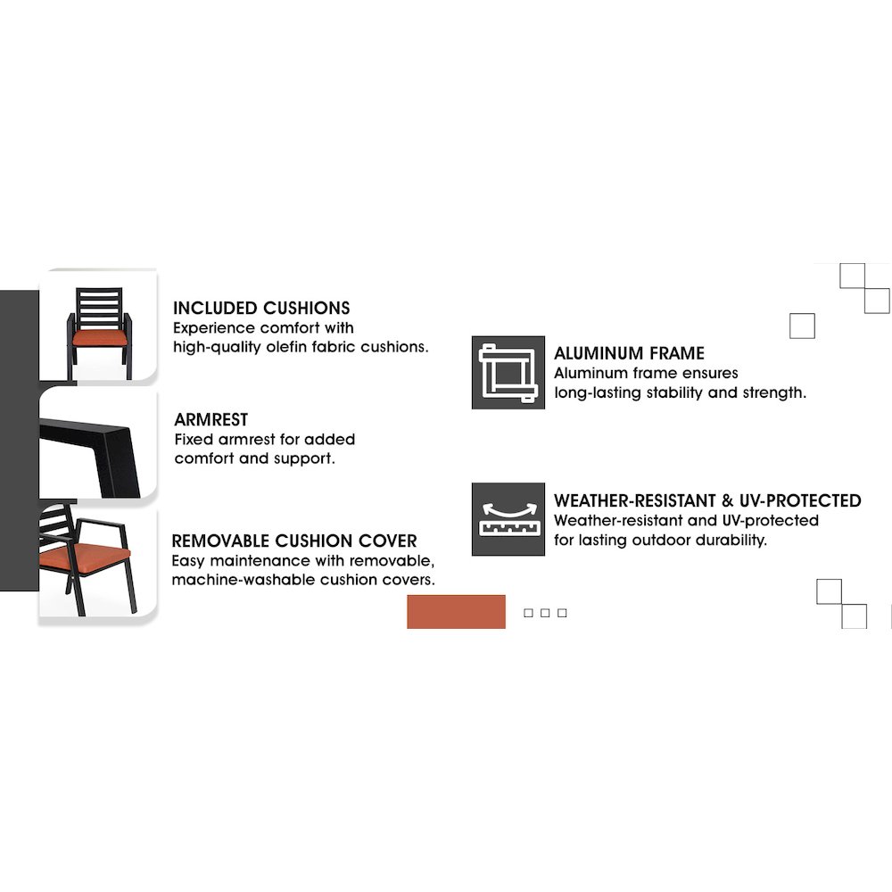 Chelsea Modern Patio Dining Armchair in Aluminum with Removable Cushions. Picture 6