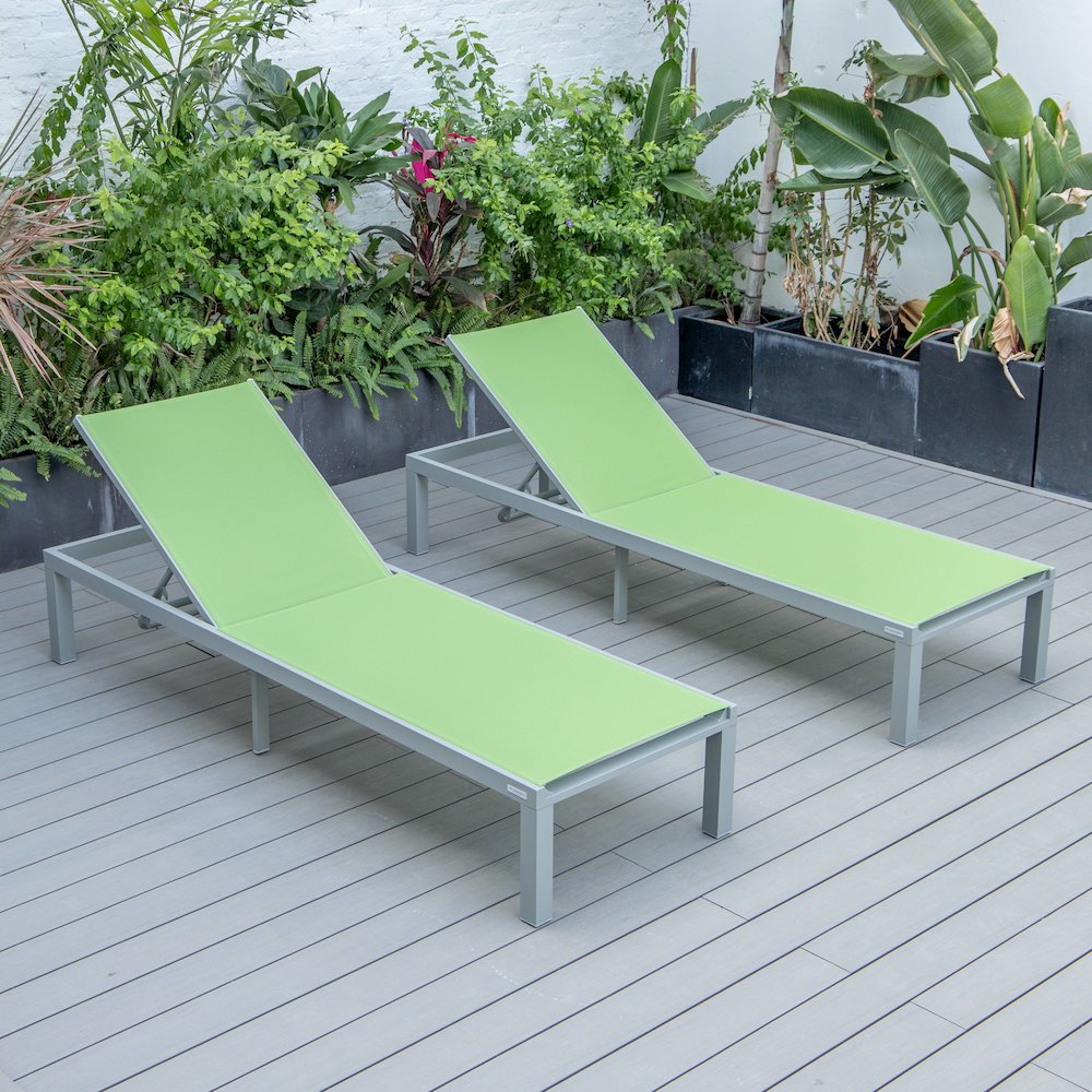 Marlin Patio Chaise Lounge Chair With Grey Aluminum Frame, Set of 2 in Green. Picture 1
