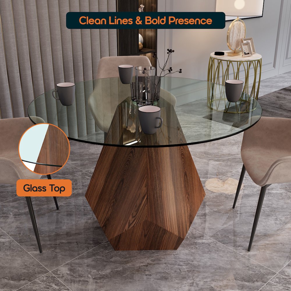 Nebo Modern Dining Table in Walnut Base with Clear Glass Top. Picture 2