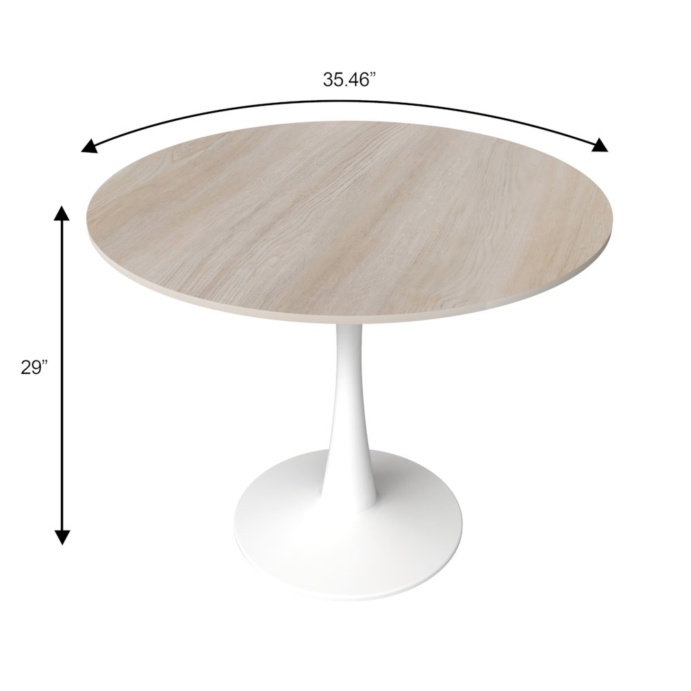 Bristol 35" Round Dining Table White Base with Sintered Stone Natural Wood Top. Picture 11