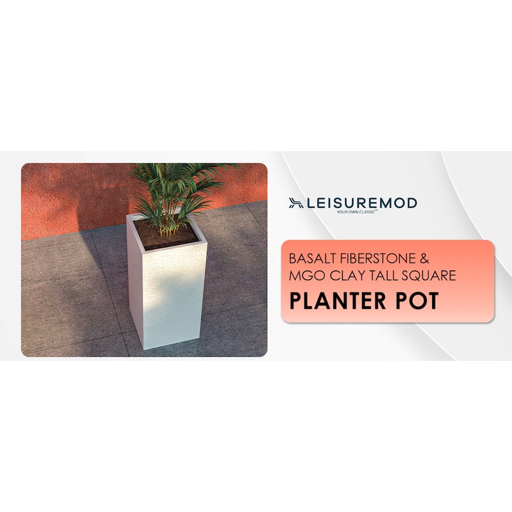 Basalt Series Poly Stone Planter 11" Square 23.6" High in White. Picture 21