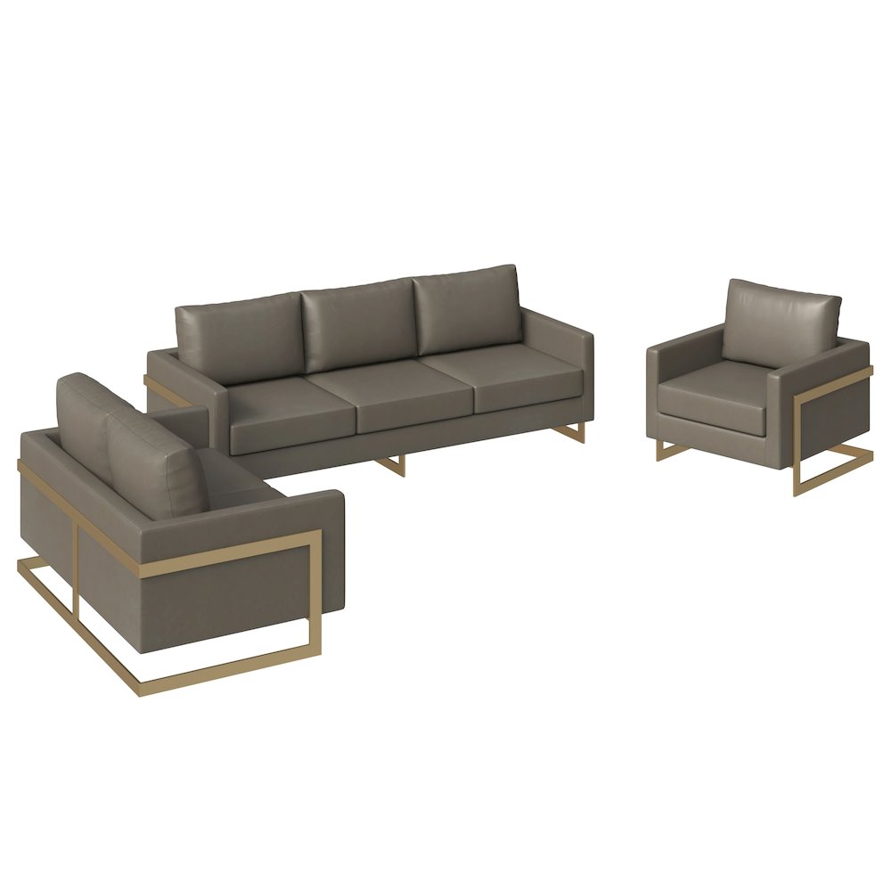 Lincoln 3-Piece Velvet Living Room Sofa Set With Gold Frame Grey. Picture 1
