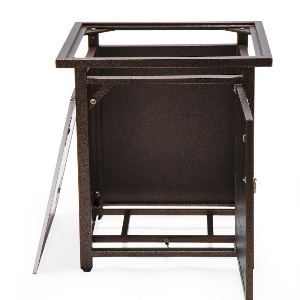 Walbrooke Patio Square Fire Pit and Tank Holder with Slats Design in Brown. Picture 31