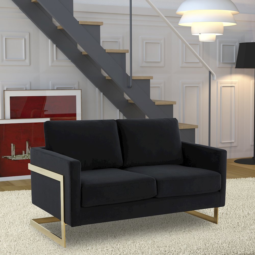 Lincoln Modern Mid-Century Upholstered Velvet Loveseat with Gold Frame. Picture 4