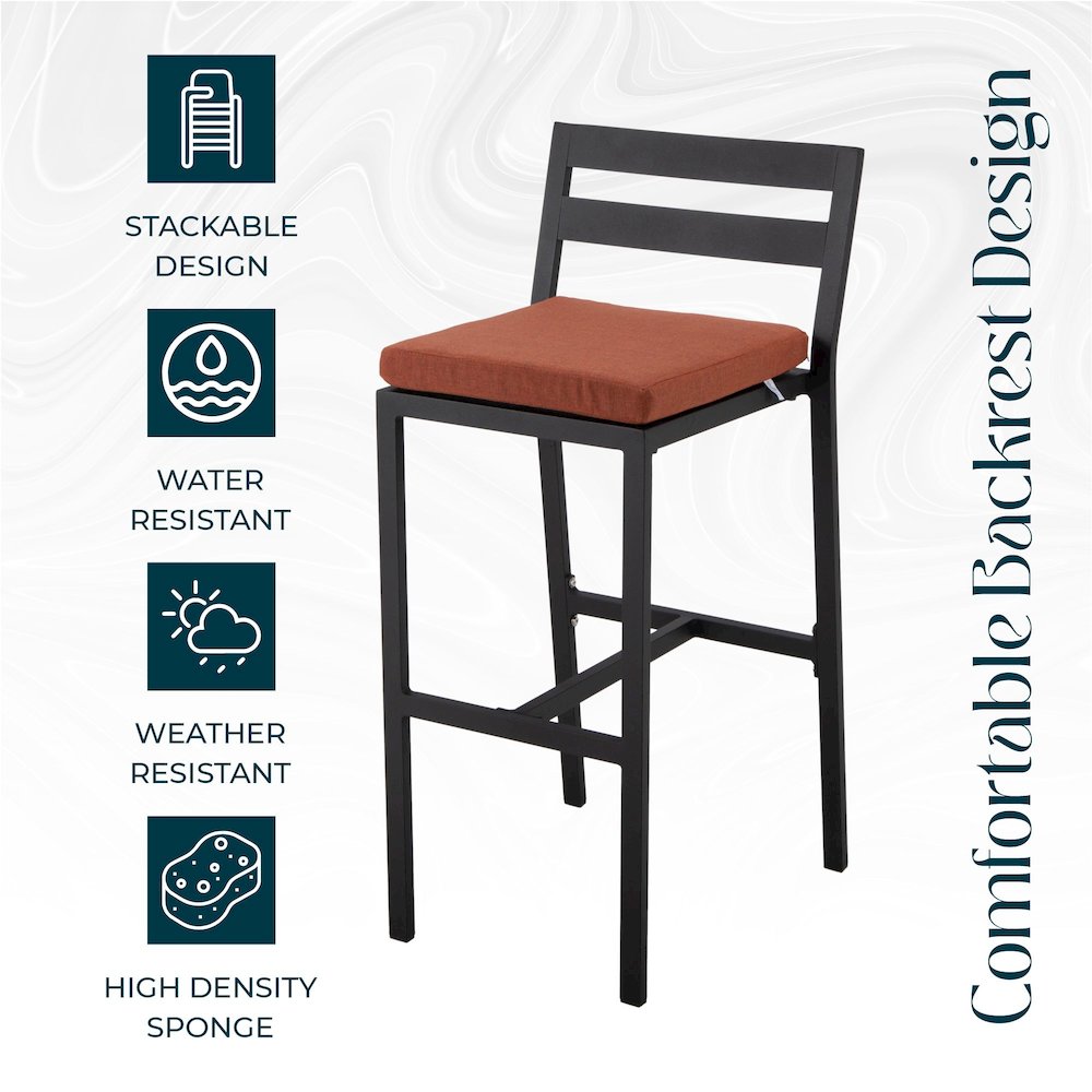 Chelsea Collection Modern Aluminum Outdoor Chair in black with Orange Cushions. Picture 5