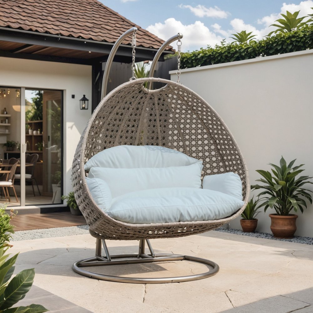 Beige Wicker Hanging 2 person Egg Swing Chair. Picture 1