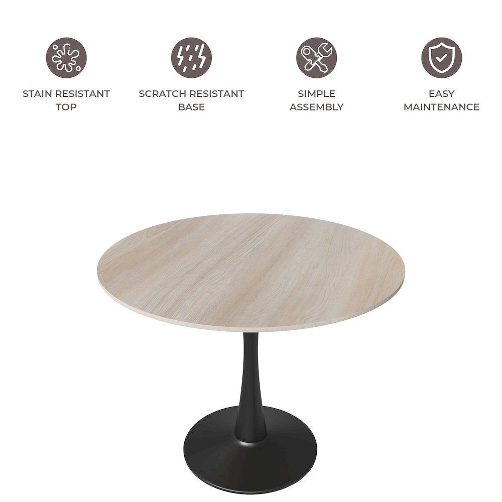 Bristol 35" Round Dining Table Black Base with Sintered Stone Natural Wood Top. Picture 4