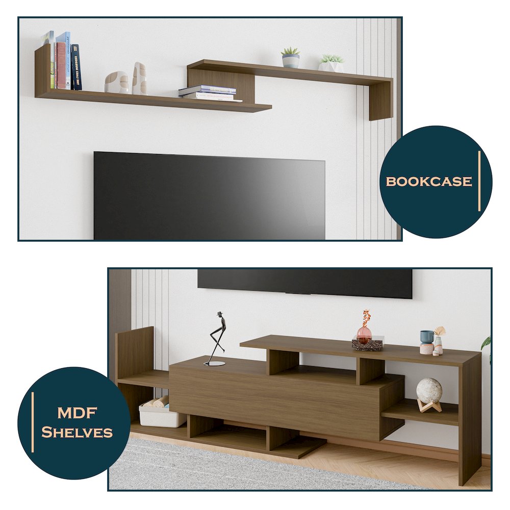 Surrey Modern TV Stand with MDF Shelves and Bookcase in Oak Wood. Picture 2
