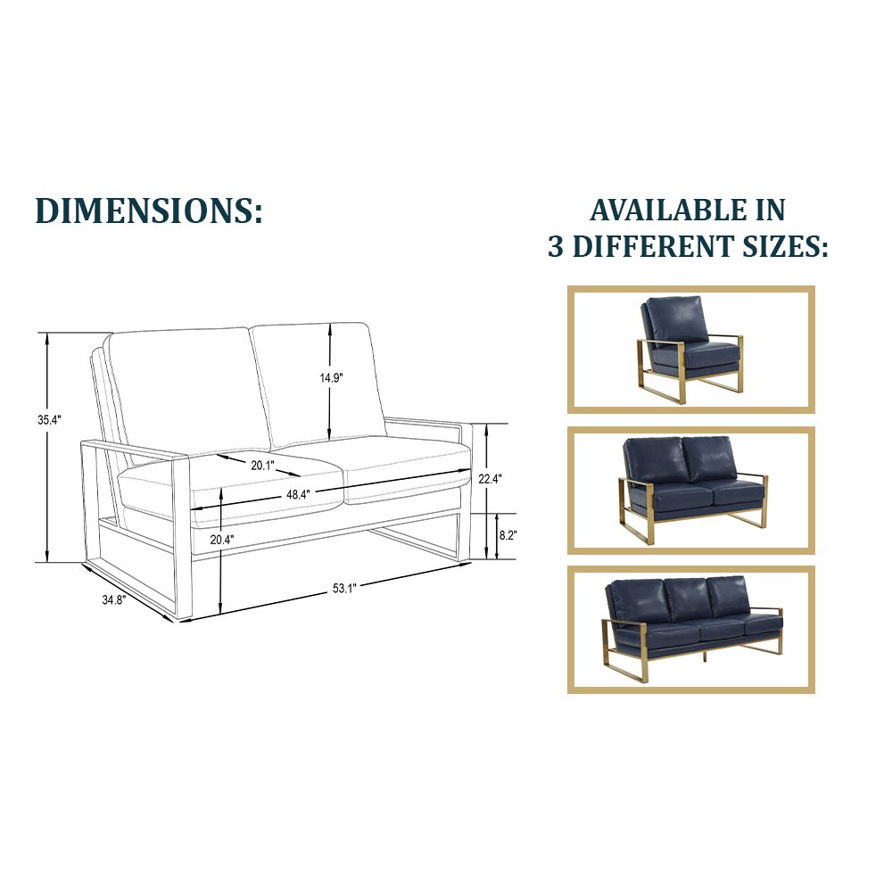 Jefferson - Leather Loveseat - Gold Frame - Navy Blue. Picture 9